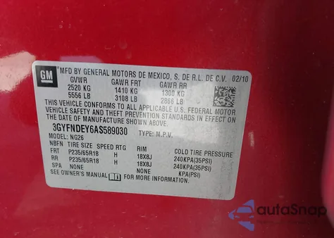 2010 Cadillac Srx Luxury Collection z USA, uszkodzony, nr VIN 3GYFNDEY6AS589030